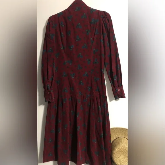 VintageLauraAshley CORDUROY Drop Waist FLORAL DRESS Button Sz10 Maroon/Teal EUC - Picture 3 of 6